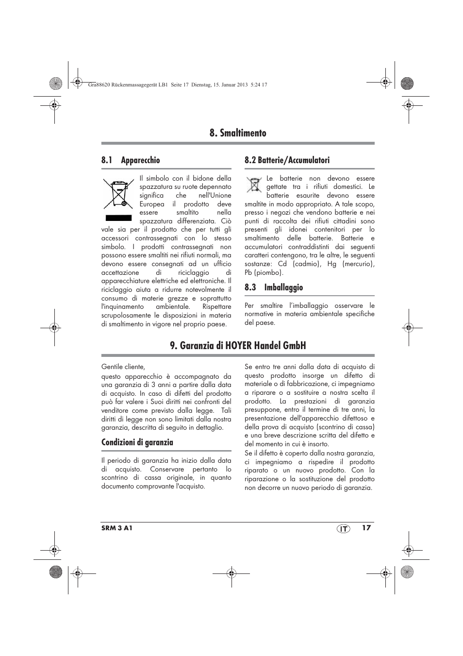 Smaltimento, Garanzia di hoyer handel gmbh | Silvercrest SRM 3 A1 User Manual | Page 19 / 34