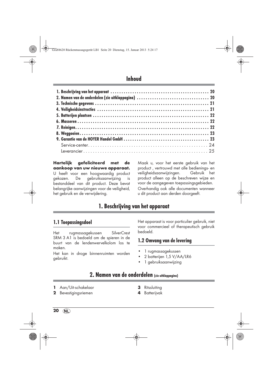 Inhoud, Beschrijving van het apparaat, Namen van de onderdelen | Silvercrest SRM 3 A1 User Manual | Page 22 / 34