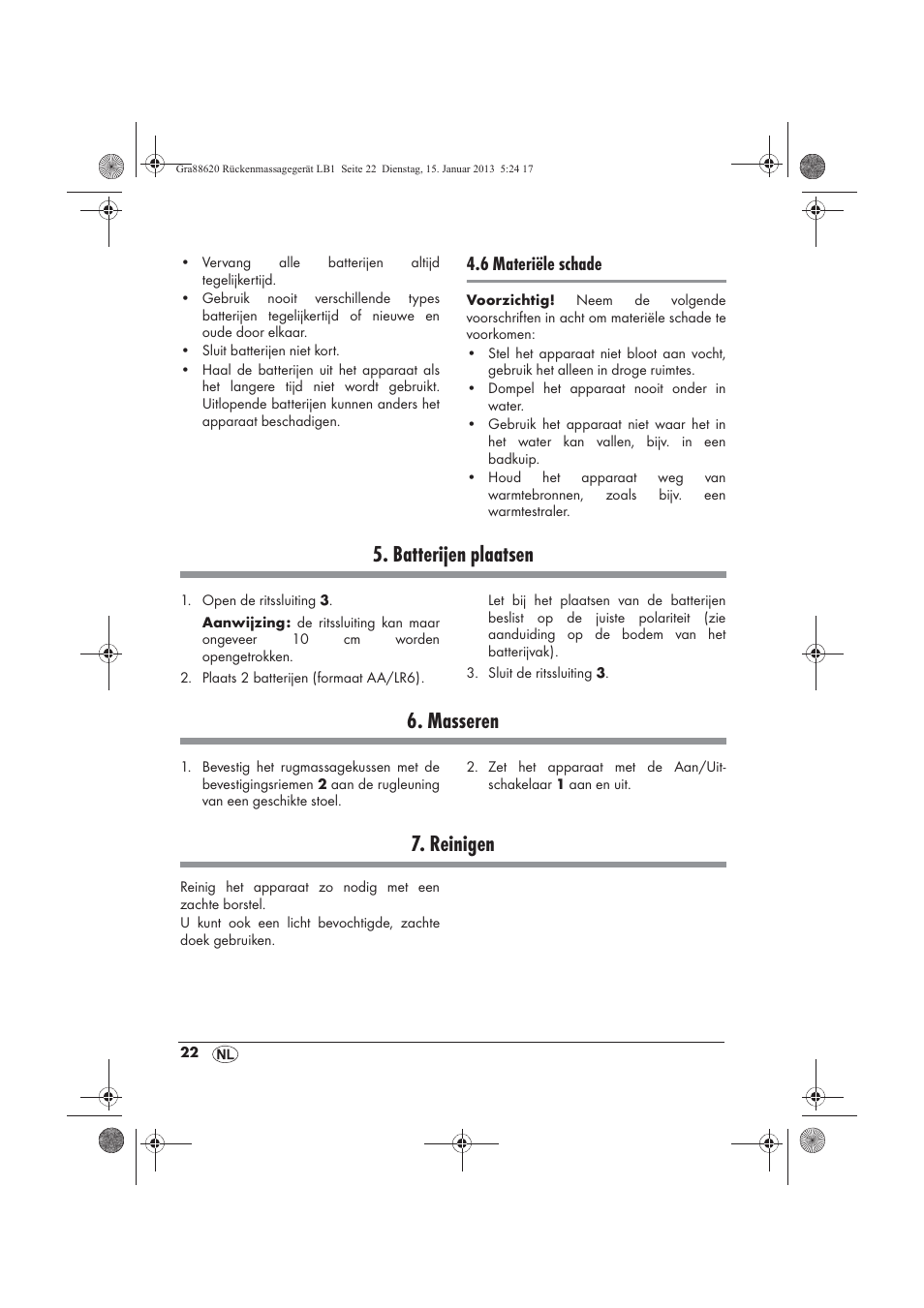 Batterijen plaatsen, Masseren, Reinigen | 6 materiële schade | Silvercrest SRM 3 A1 User Manual | Page 24 / 34