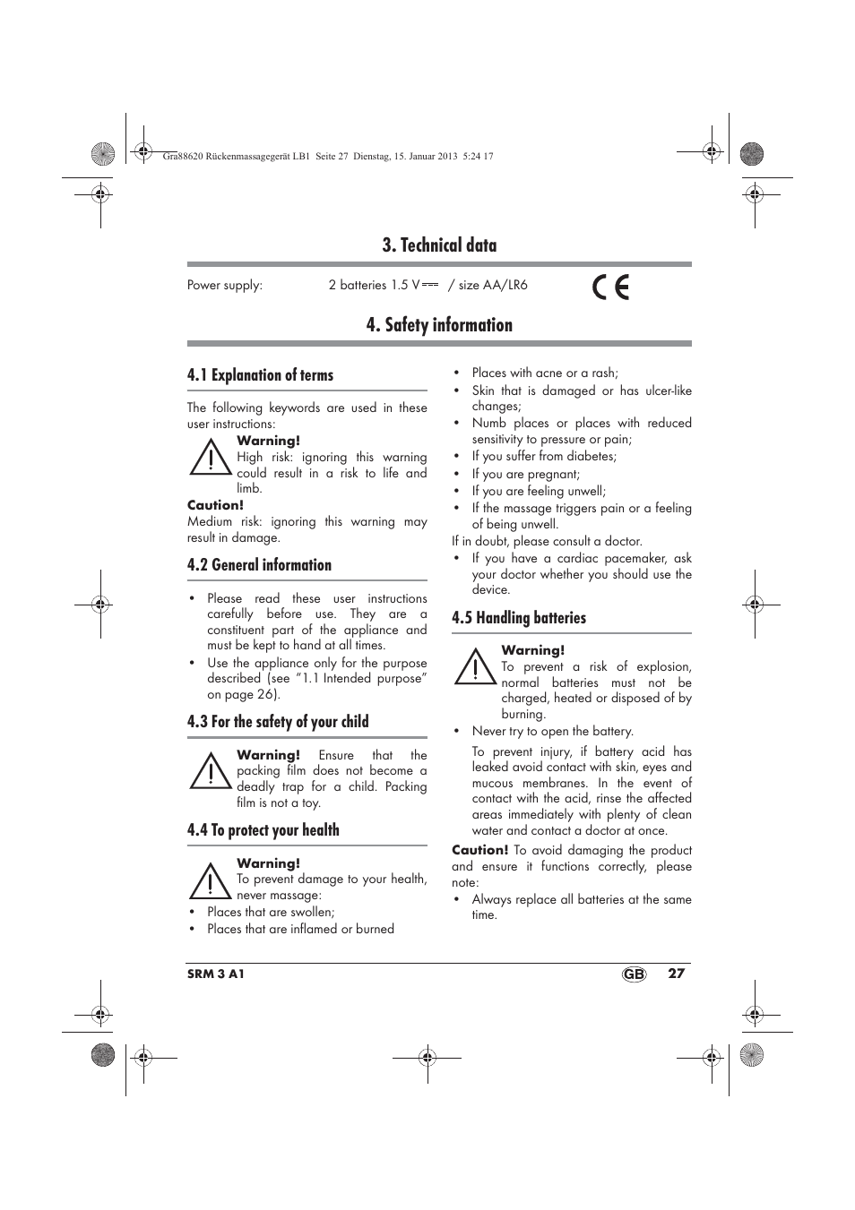 Technical data, Safety information, 1 explanation of terms | 2 general information, 3 for the safety of your child, 4 to protect your health, 5 handling batteries | Silvercrest SRM 3 A1 User Manual | Page 29 / 34