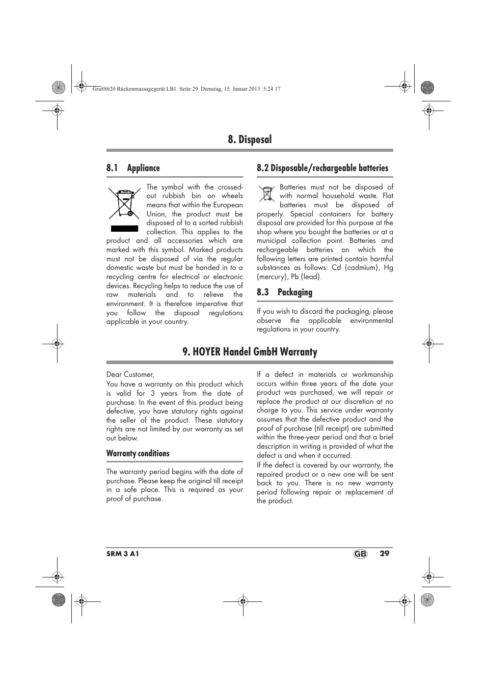 Disposal, Hoyer handel gmbh warranty | Silvercrest SRM 3 A1 User Manual | Page 31 / 34