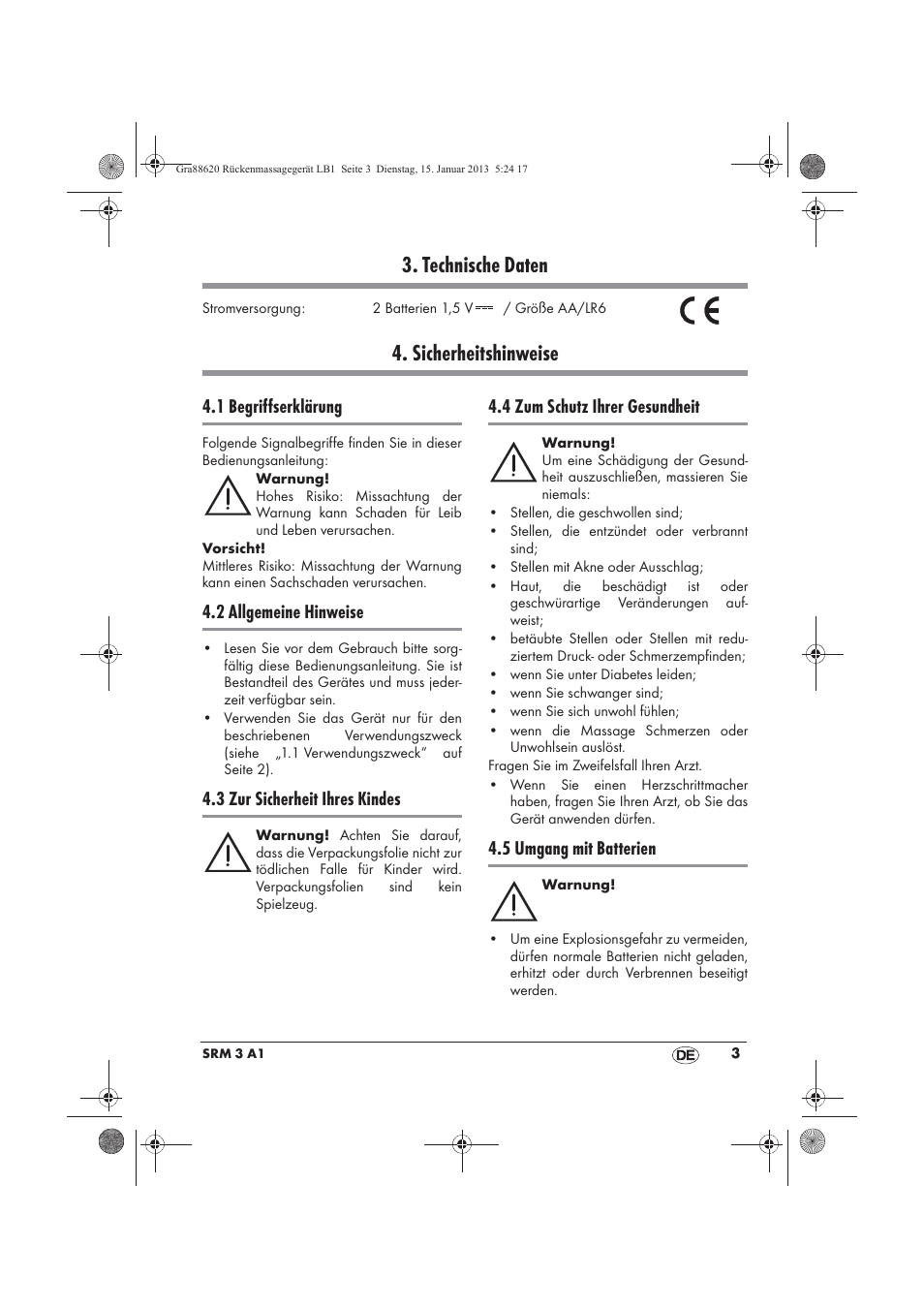Technische daten, Sicherheitshinweise, 1 begriffserklärung | 2 allgemeine hinweise, 3 zur sicherheit ihres kindes, 4 zum schutz ihrer gesundheit, 5 umgang mit batterien | Silvercrest SRM 3 A1 User Manual | Page 5 / 34