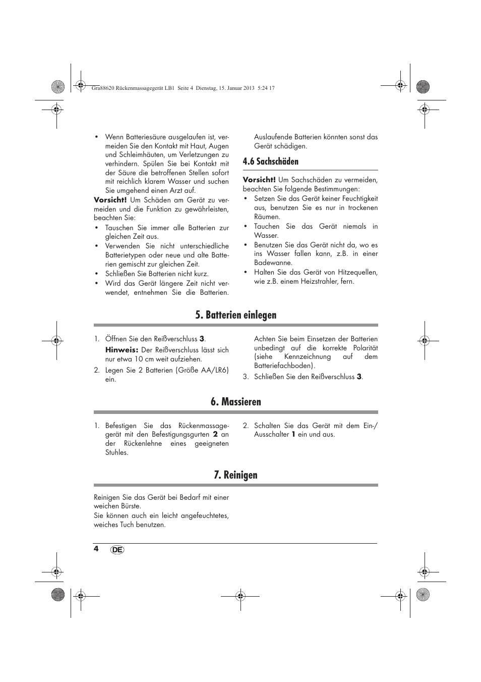 Batterien einlegen, Massieren, Reinigen | 6 sachschäden | Silvercrest SRM 3 A1 User Manual | Page 6 / 34