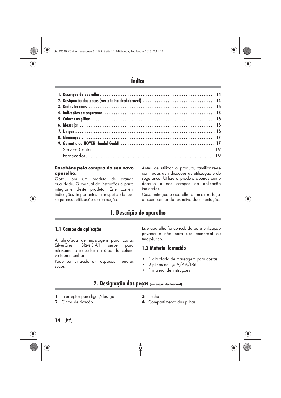 Índice, Descrição do aparelho, Designação das peças | Silvercrest SRM 3 A1 User Manual | Page 16 / 34