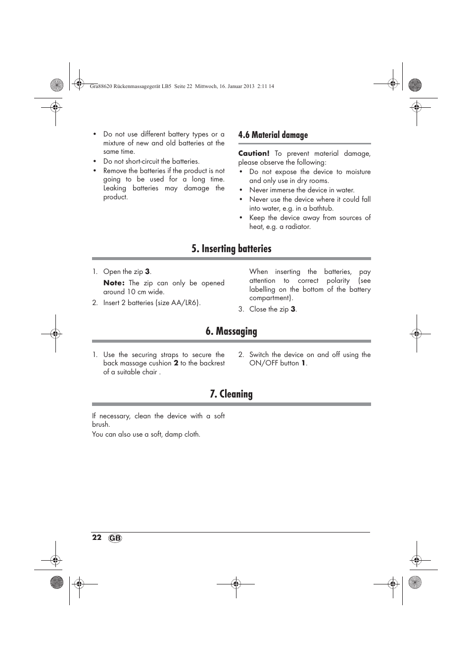 Inserting batteries, Massaging, Cleaning | 6 material damage | Silvercrest SRM 3 A1 User Manual | Page 24 / 34