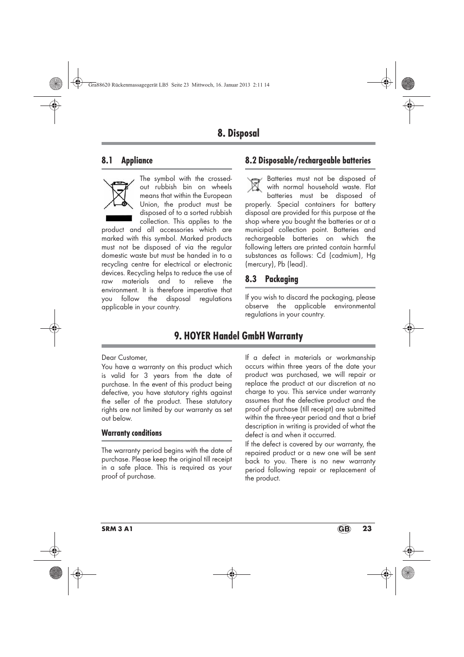 Disposal, Hoyer handel gmbh warranty | Silvercrest SRM 3 A1 User Manual | Page 25 / 34