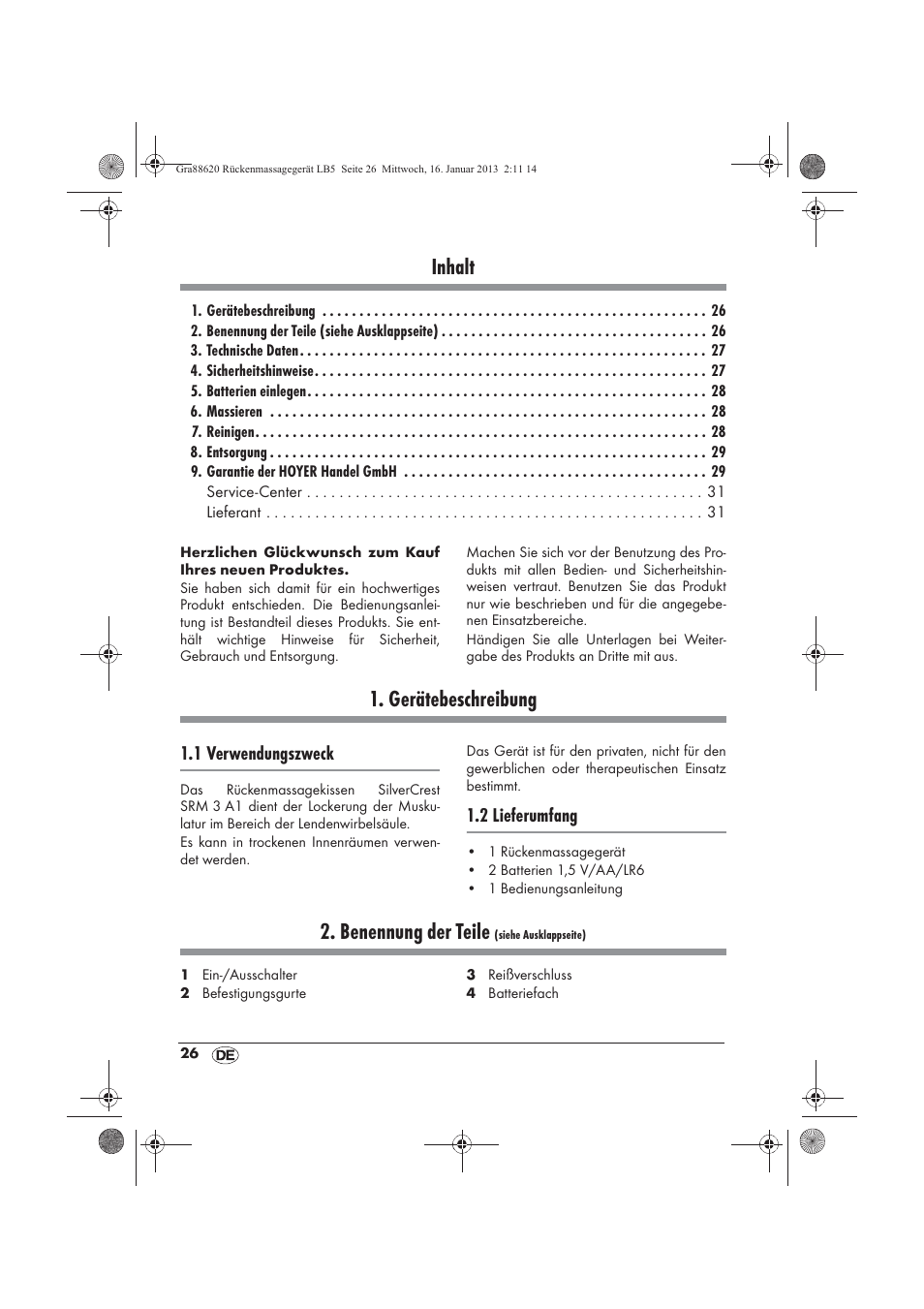 Inhalt, Gerätebeschreibung, Benennung der teile | Silvercrest SRM 3 A1 User Manual | Page 28 / 34