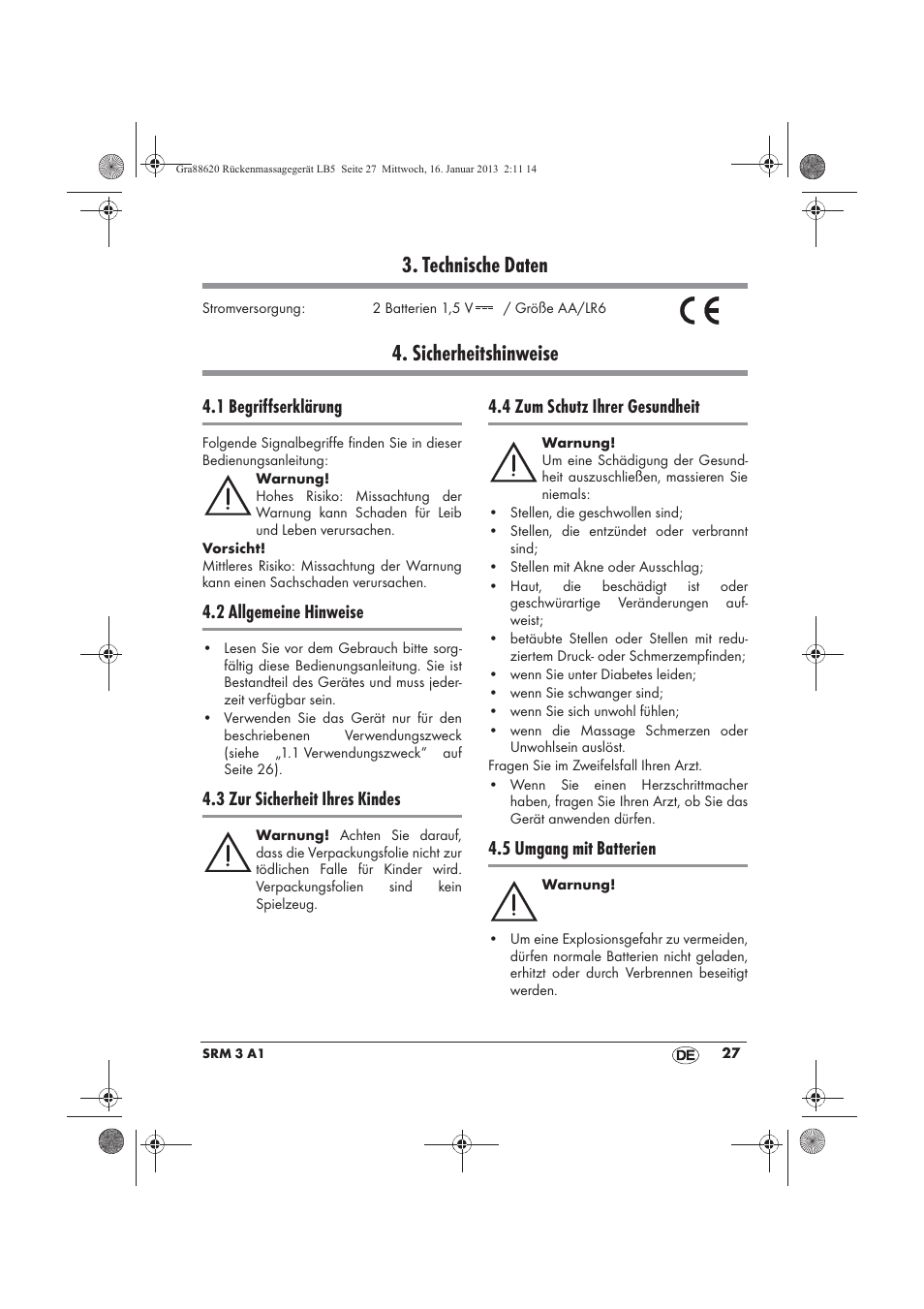 Technische daten, Sicherheitshinweise, 1 begriffserklärung | 2 allgemeine hinweise, 3 zur sicherheit ihres kindes, 4 zum schutz ihrer gesundheit, 5 umgang mit batterien | Silvercrest SRM 3 A1 User Manual | Page 29 / 34