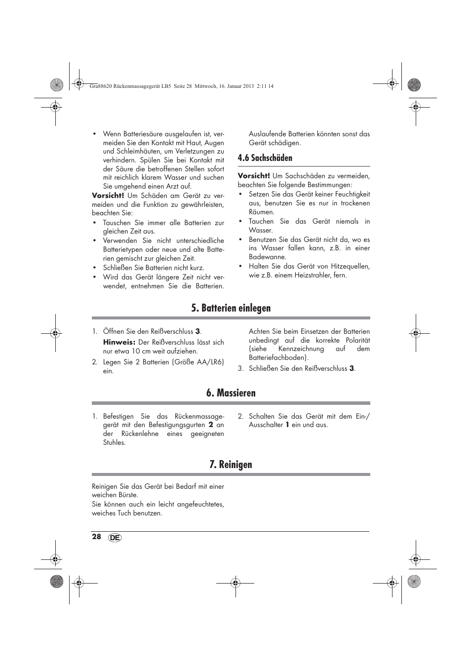 Batterien einlegen, Massieren, Reinigen | 6 sachschäden | Silvercrest SRM 3 A1 User Manual | Page 30 / 34