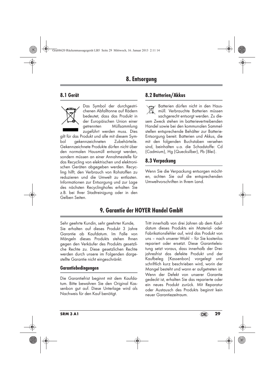 Entsorgung, Garantie der hoyer handel gmbh | Silvercrest SRM 3 A1 User Manual | Page 31 / 34