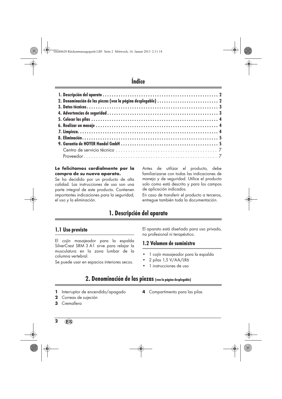 Índice, Descripción del aparato, Denominación de las piezas | Silvercrest SRM 3 A1 User Manual | Page 4 / 34