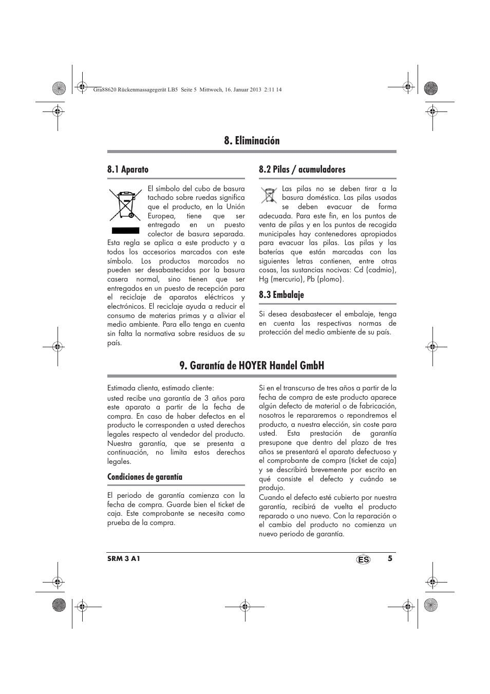 Eliminación, Garantía de hoyer handel gmbh | Silvercrest SRM 3 A1 User Manual | Page 7 / 34