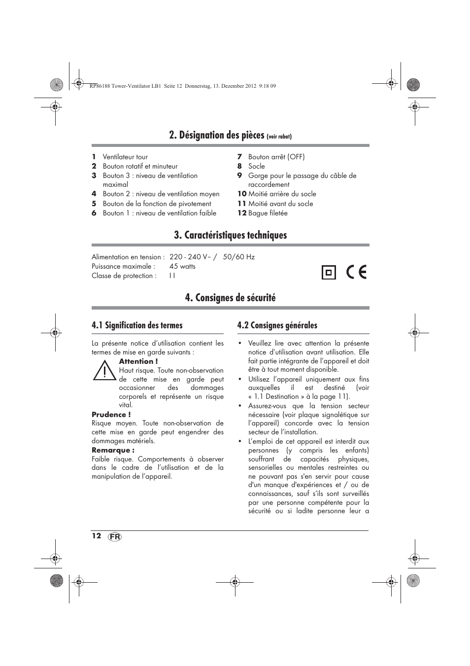 Désignation des pièces, Caractéristiques techniques, Consignes de sécurité | 1 signification des termes, 2 consignes générales | Silvercrest STV 45 B1 User Manual | Page 14 / 46