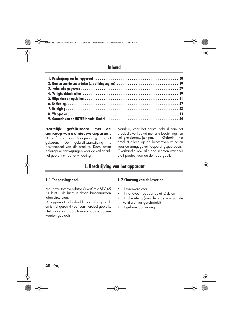 Inhoud, Beschrijving van het apparaat | Silvercrest STV 45 B1 User Manual | Page 30 / 46