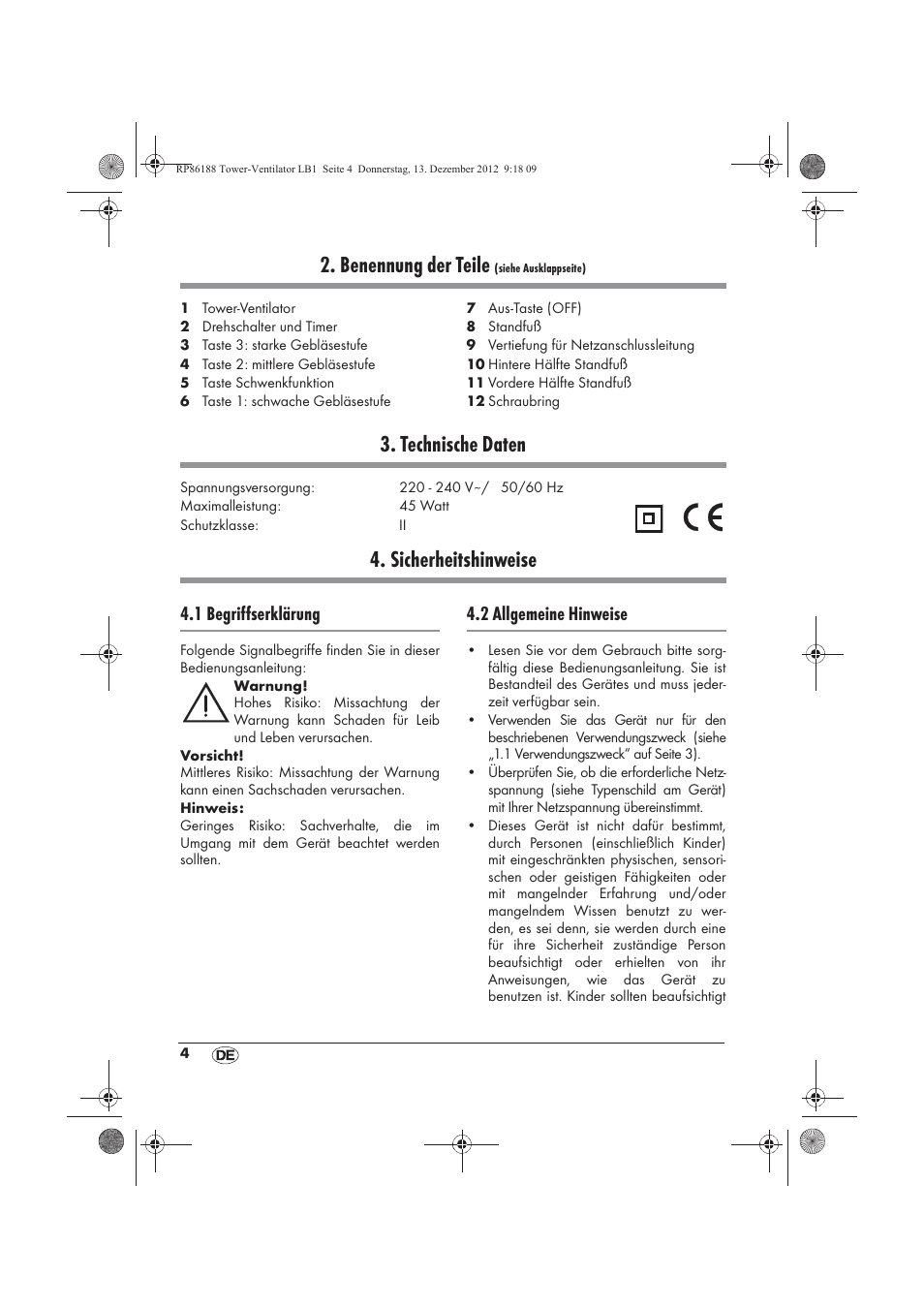 Benennung der teile, Technische daten, Sicherheitshinweise | 1 begriffserklärung, 2 allgemeine hinweise | Silvercrest STV 45 B1 User Manual | Page 6 / 46