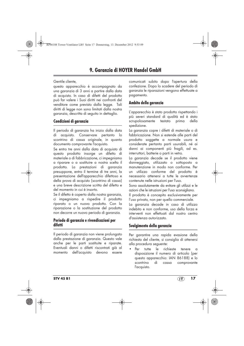 Garanzia di hoyer handel gmbh | Silvercrest STV 45 B1 User Manual | Page 19 / 46