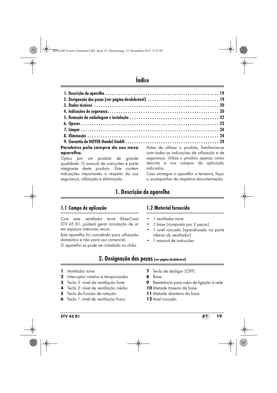 Índice, Descrição do aparelho, Designação das peças | Silvercrest STV 45 B1 User Manual | Page 21 / 46