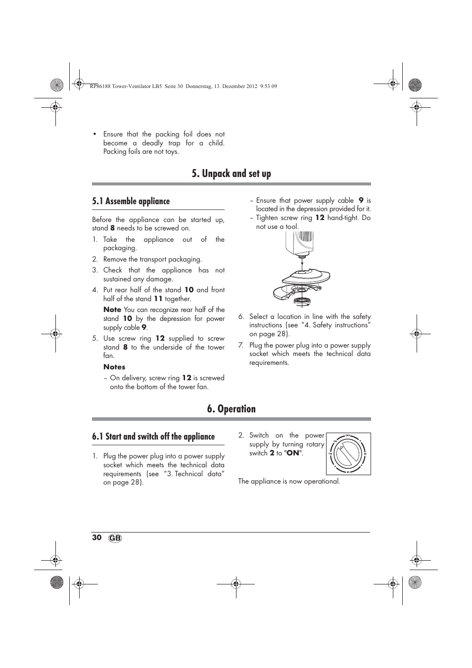 Unpack and set up, Operation, 1 assemble appliance | 1 start and switch off the appliance | Silvercrest STV 45 B1 User Manual | Page 32 / 46