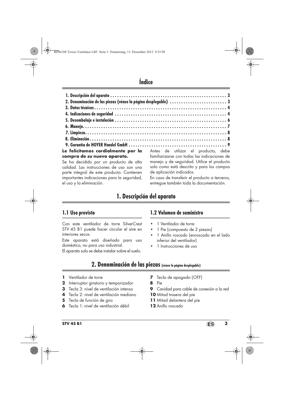 Índice, Descripción del aparato, Denominación de las piezas | Silvercrest STV 45 B1 User Manual | Page 5 / 46