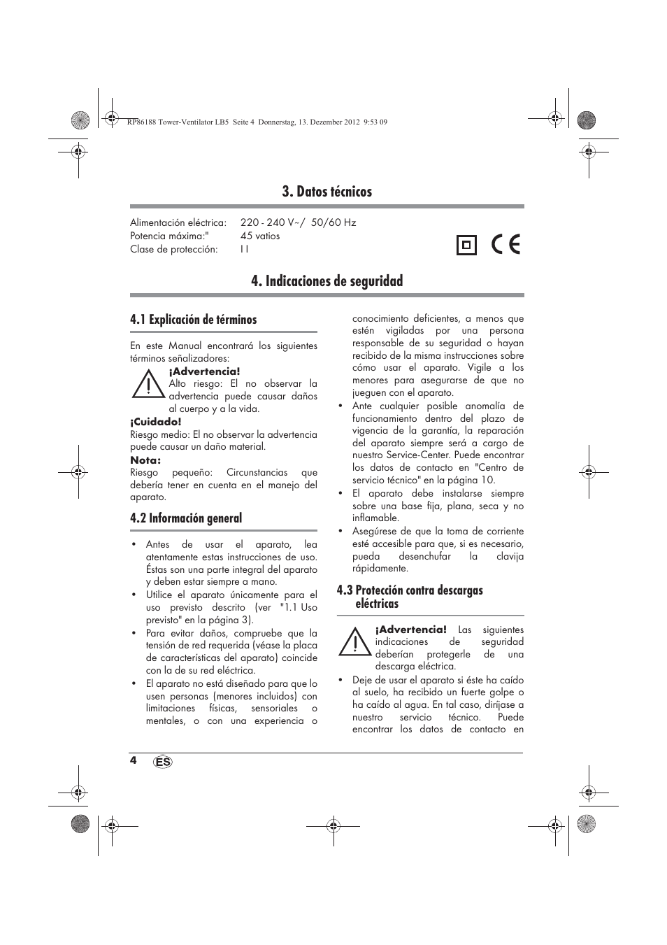 Datos técnicos, Indicaciones de seguridad, 1 explicación de términos | 2 información general, 3 protección contra descargas eléctricas | Silvercrest STV 45 B1 User Manual | Page 6 / 46