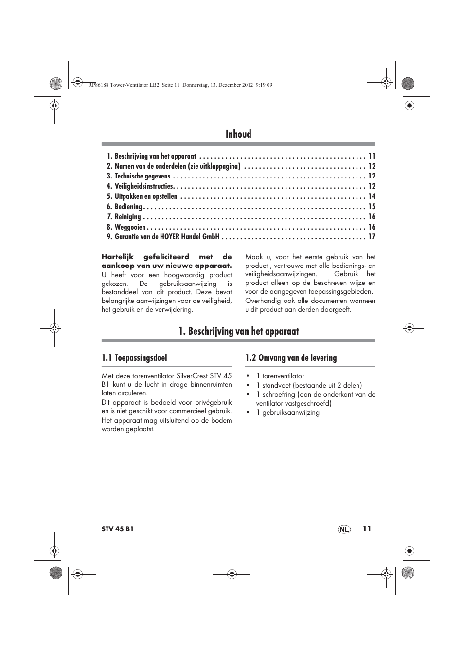 Inhoud, Beschrijving van het apparaat | Silvercrest STV 45 B1 User Manual | Page 13 / 38