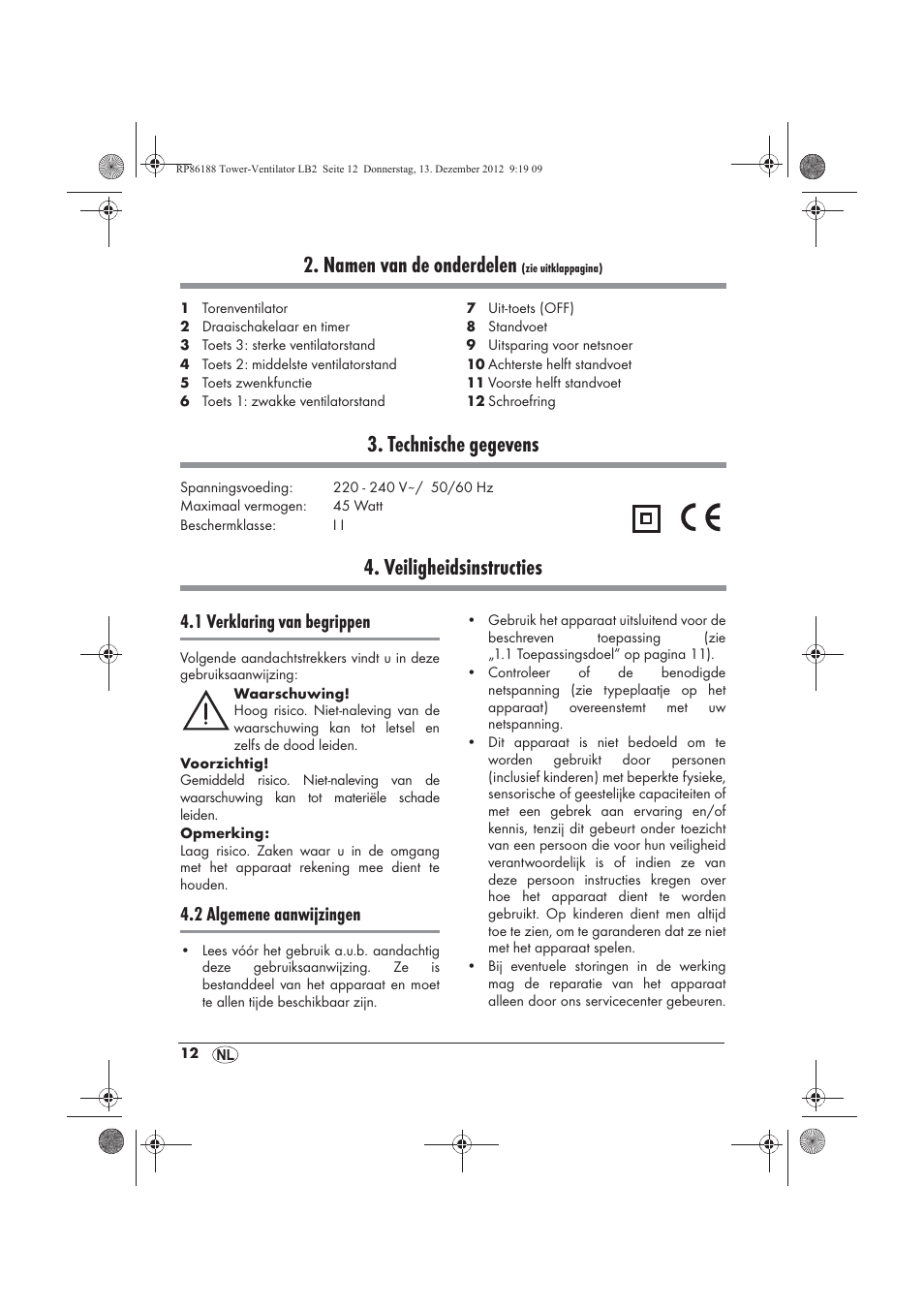 Namen van de onderdelen, Technische gegevens, Veiligheidsinstructies | 1 verklaring van begrippen, 2 algemene aanwijzingen | Silvercrest STV 45 B1 User Manual | Page 14 / 38