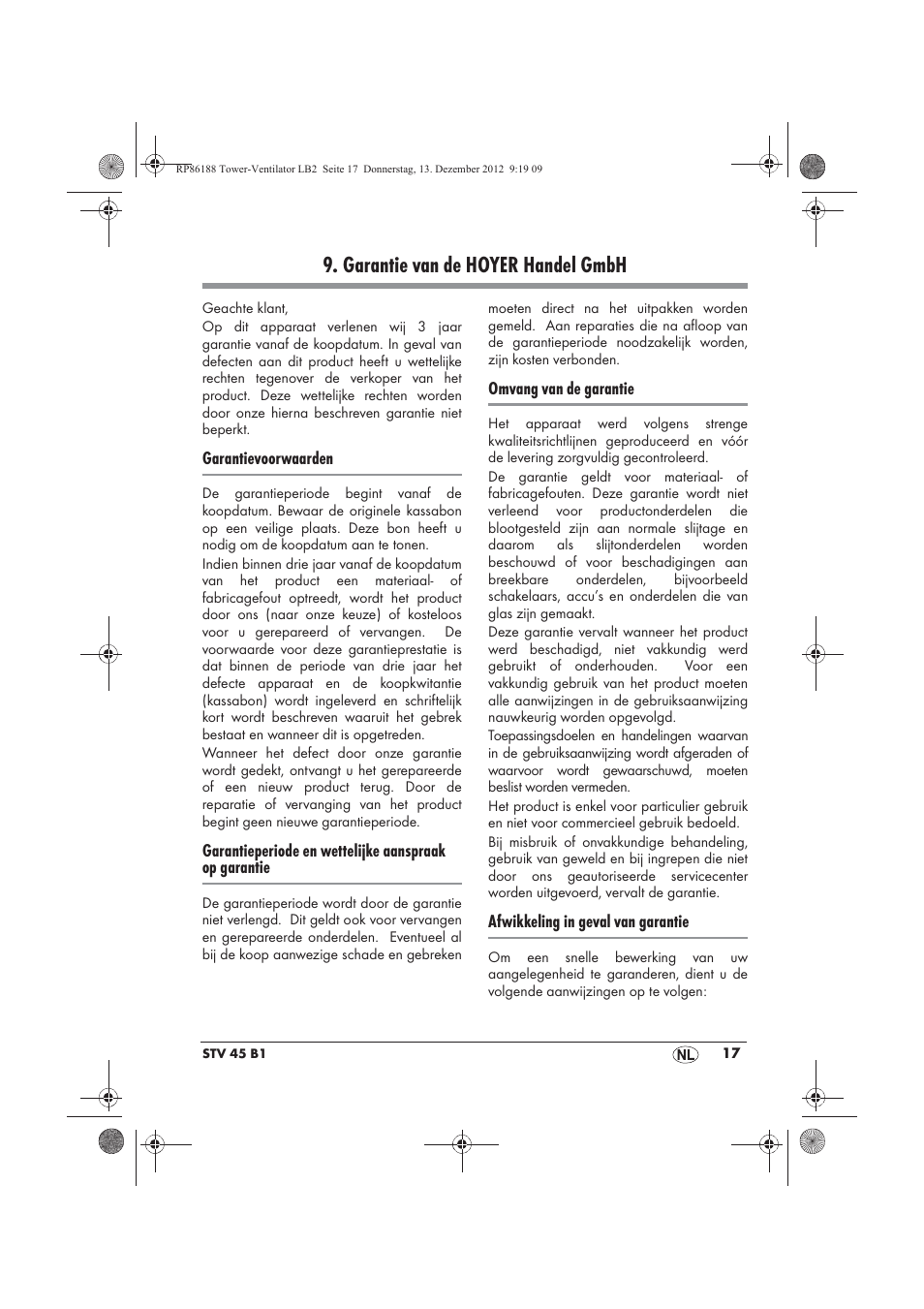 Garantie van de hoyer handel gmbh | Silvercrest STV 45 B1 User Manual | Page 19 / 38