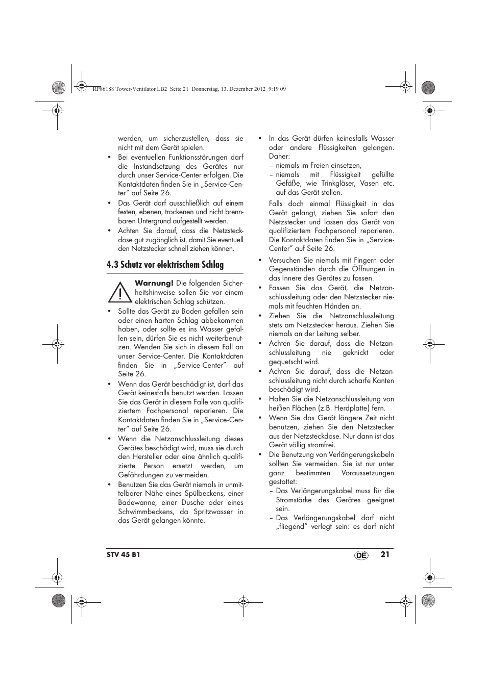 3 schutz vor elektrischem schlag | Silvercrest STV 45 B1 User Manual | Page 23 / 38