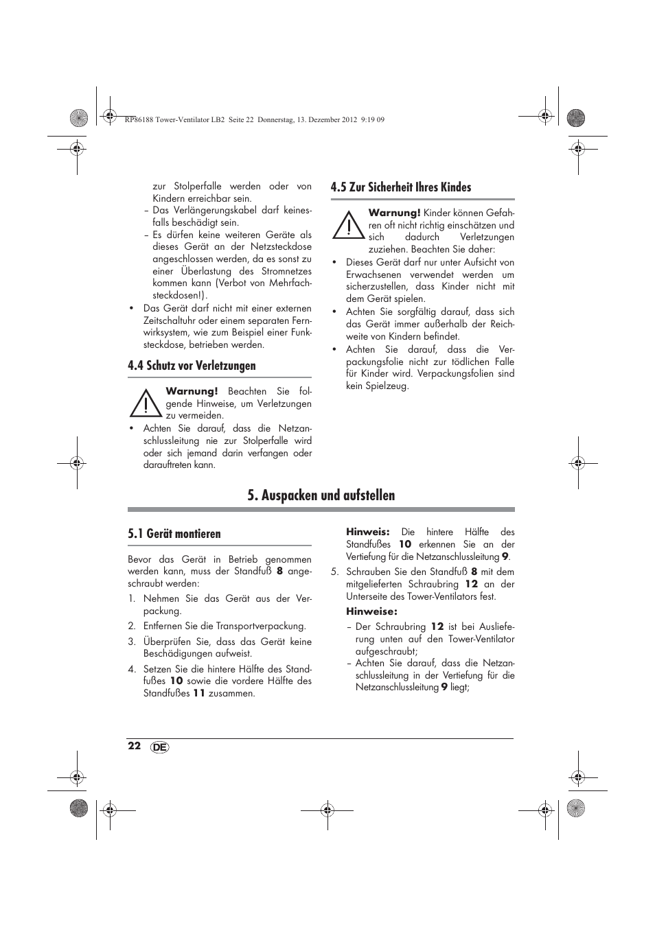 Auspacken und aufstellen, 4 schutz vor verletzungen, 5 zur sicherheit ihres kindes | 1 gerät montieren | Silvercrest STV 45 B1 User Manual | Page 24 / 38
