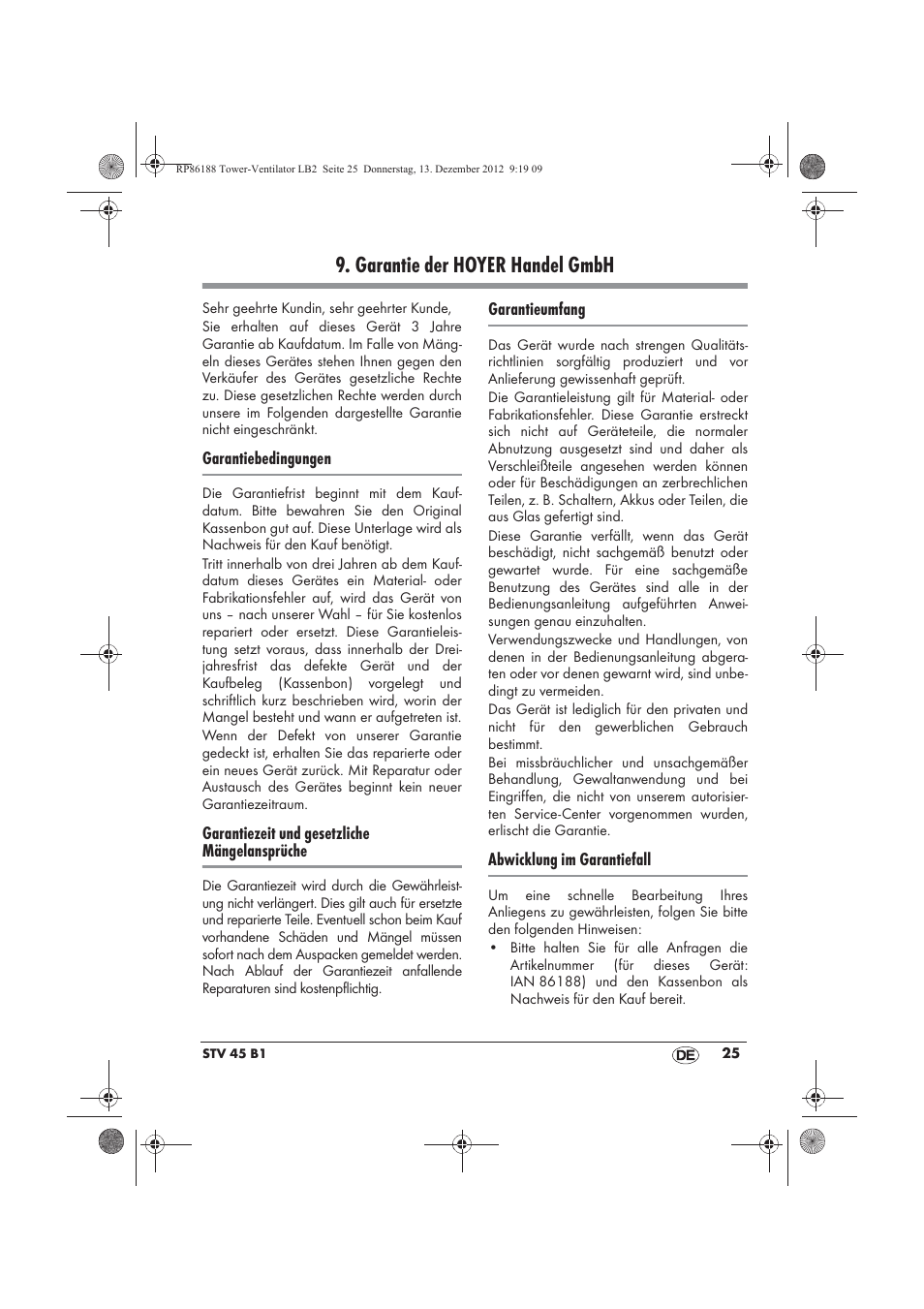 Garantie der hoyer handel gmbh | Silvercrest STV 45 B1 User Manual | Page 27 / 38