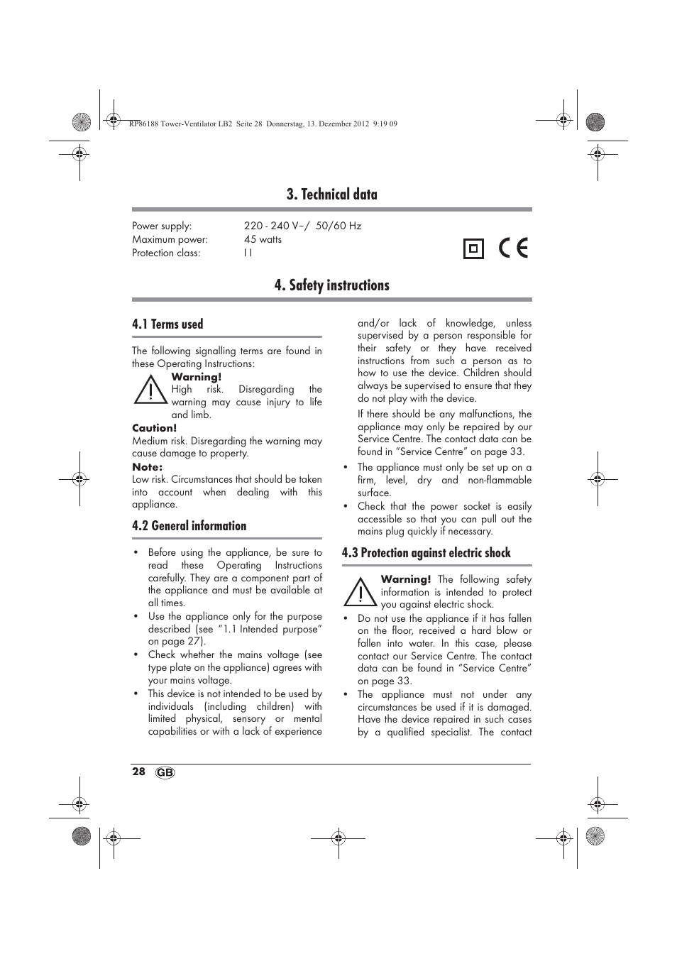 Technical data, Safety instructions, 1 terms used | 2 general information, 3 protection against electric shock | Silvercrest STV 45 B1 User Manual | Page 30 / 38