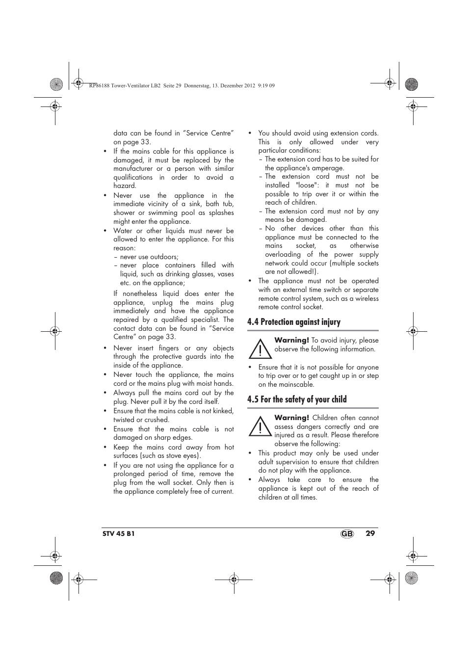 4 protection against injury, 5 for the safety of your child | Silvercrest STV 45 B1 User Manual | Page 31 / 38