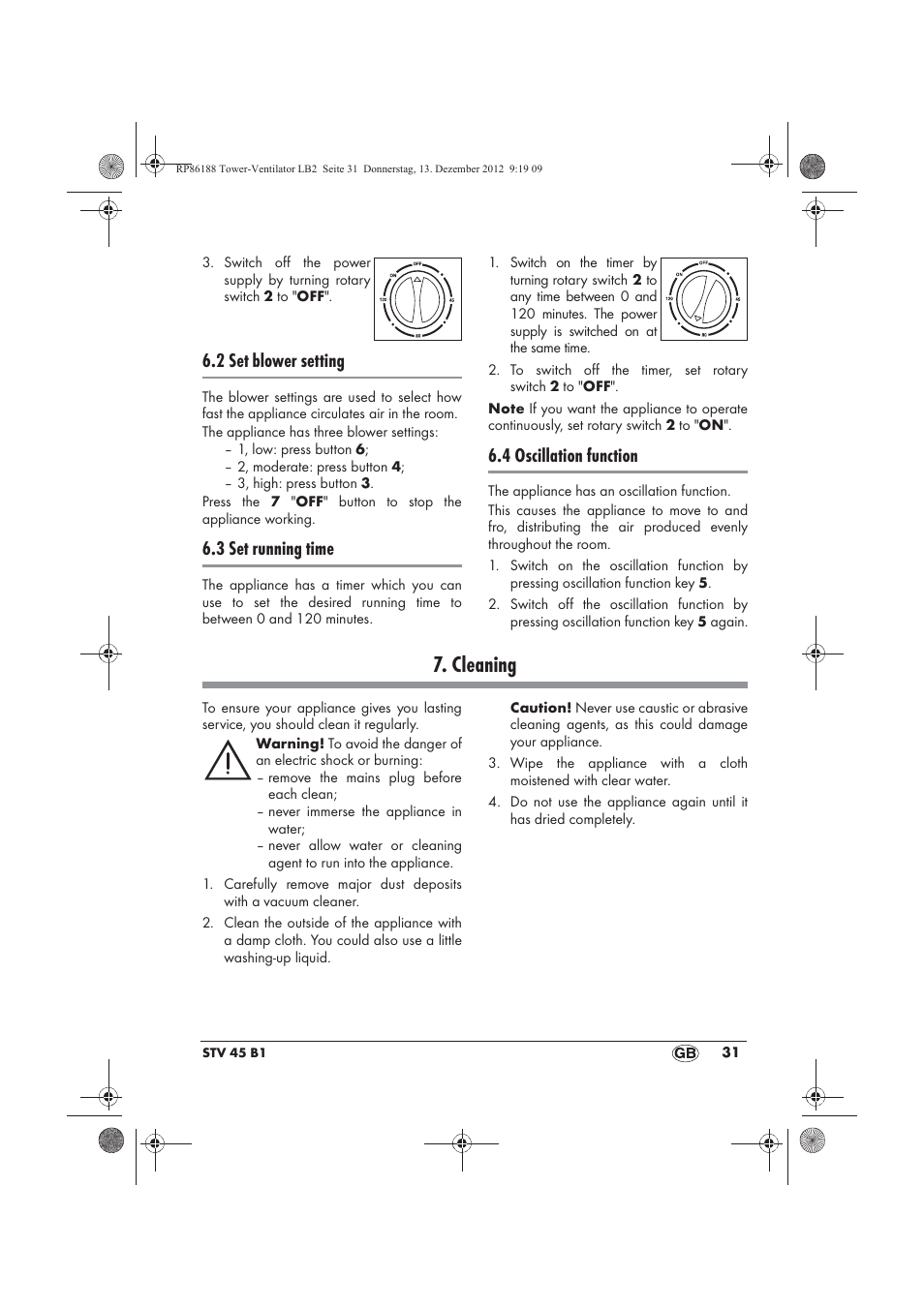 Cleaning, 2 set blower setting, 3 set running time | 4 oscillation function | Silvercrest STV 45 B1 User Manual | Page 33 / 38