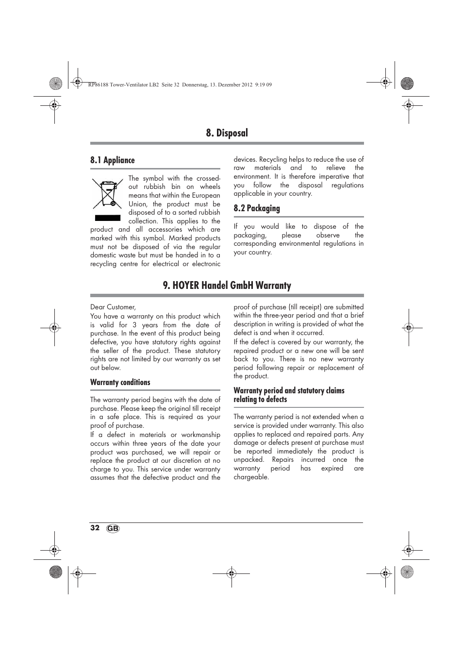 Disposal, Hoyer handel gmbh warranty | Silvercrest STV 45 B1 User Manual | Page 34 / 38