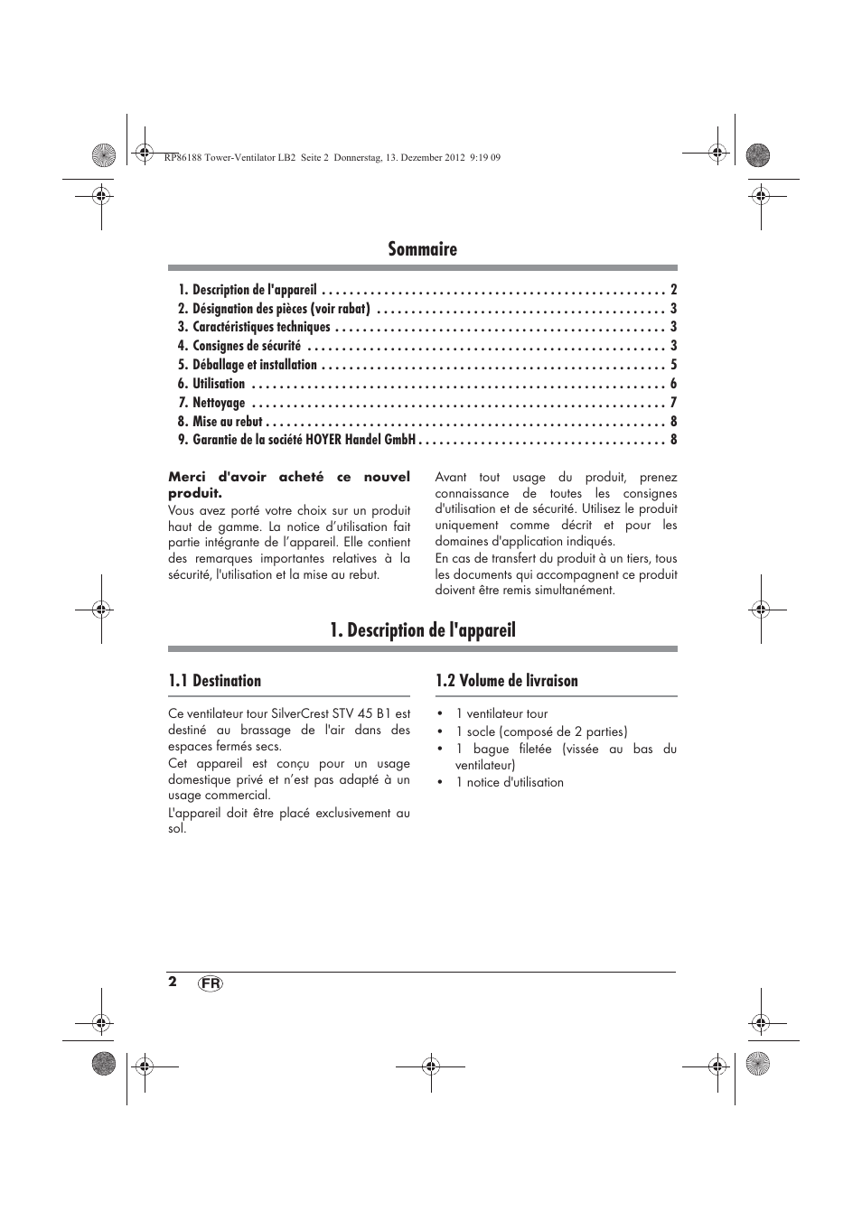 Sommaire, Description de l'appareil | Silvercrest STV 45 B1 User Manual | Page 4 / 38