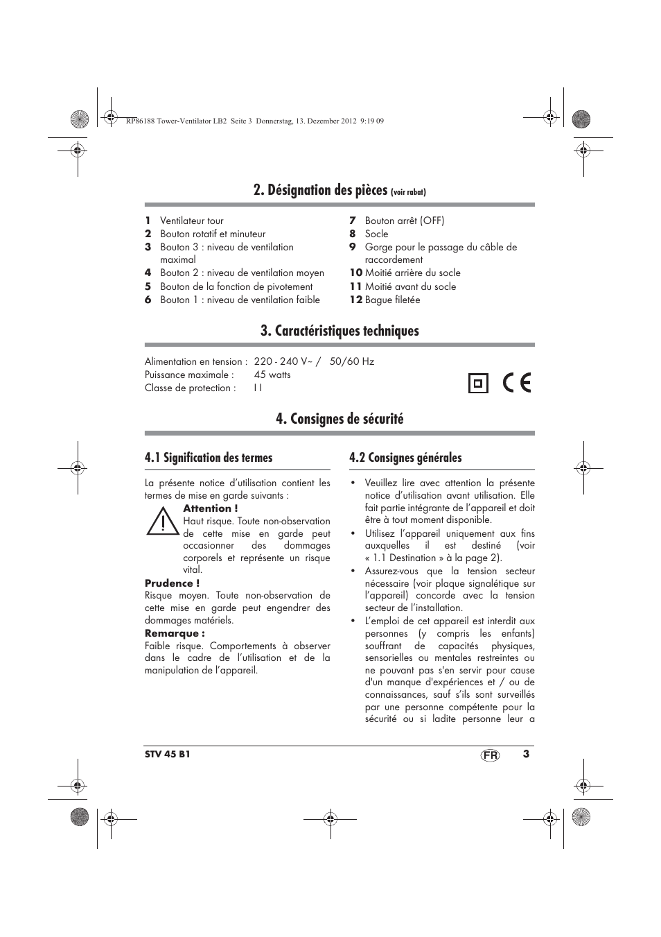 Désignation des pièces, Caractéristiques techniques, Consignes de sécurité | 1 signification des termes, 2 consignes générales | Silvercrest STV 45 B1 User Manual | Page 5 / 38