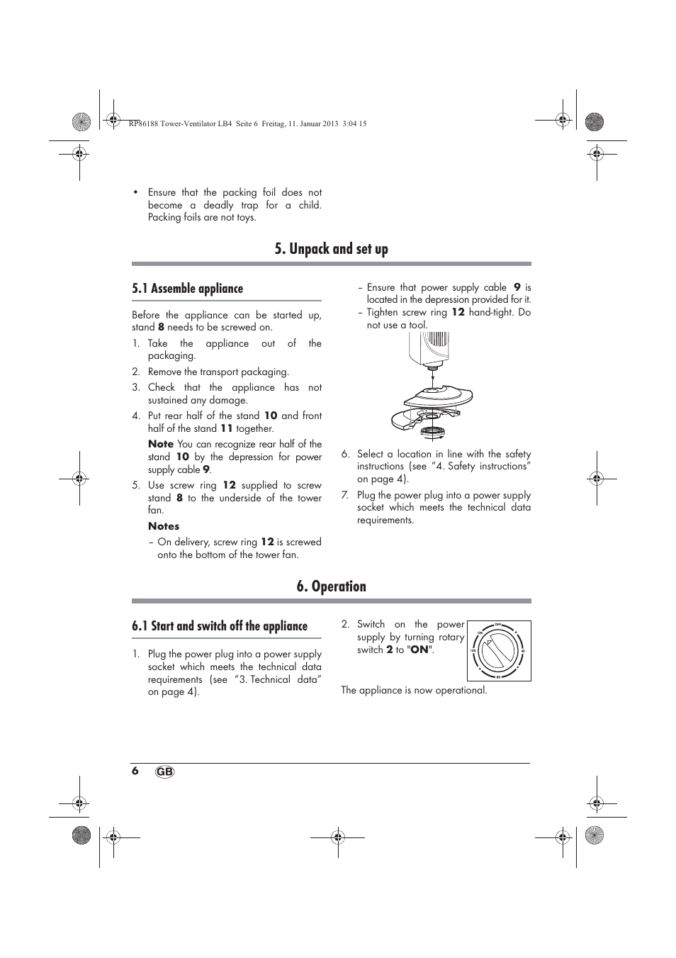 Unpack and set up, Operation, 1 assemble appliance | 1 start and switch off the appliance | Silvercrest STV 45 B1 User Manual | Page 8 / 62