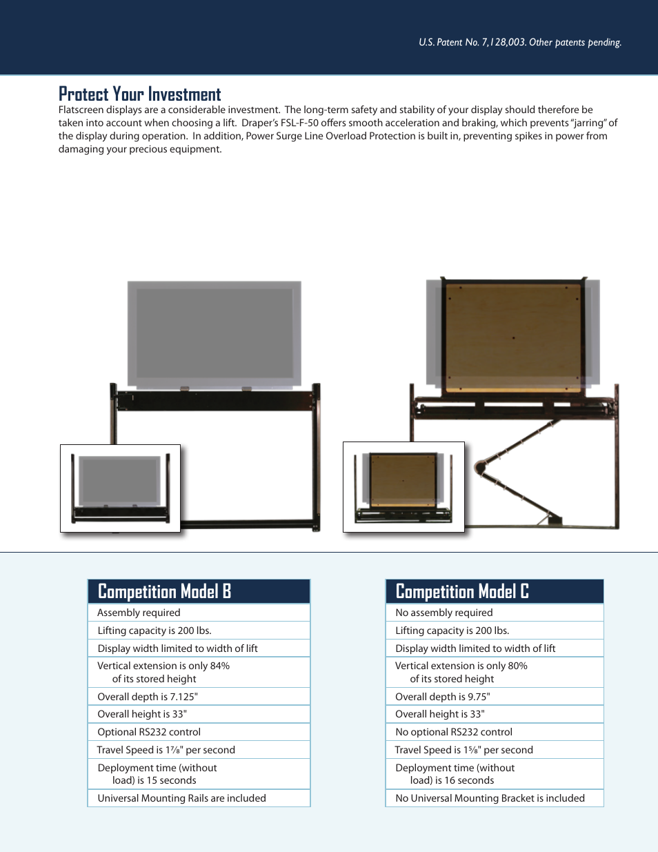 Competition model b, Competition model c, Protect your investment | Draper FlatScreen Lift FSL-F-50 User Manual | Page 3 / 4