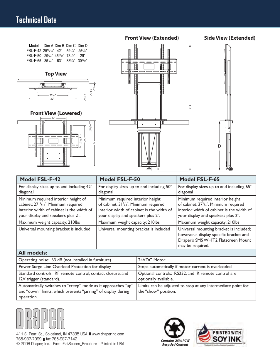 Technical data, All models | Draper FlatScreen Lift FSL-F-50 User Manual | Page 4 / 4