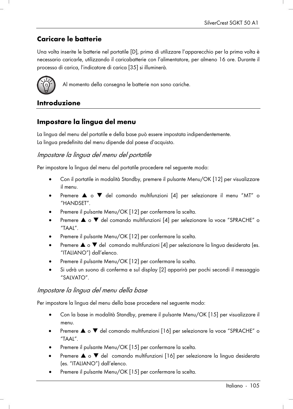 Impostare la lingua del menu del portatile, Impostare la lingua del menu della base, Caricare le batterie | Introduzione, Impostare la lingua del menu | Silvercrest SGKT 50 A1 User Manual | Page 107 / 224