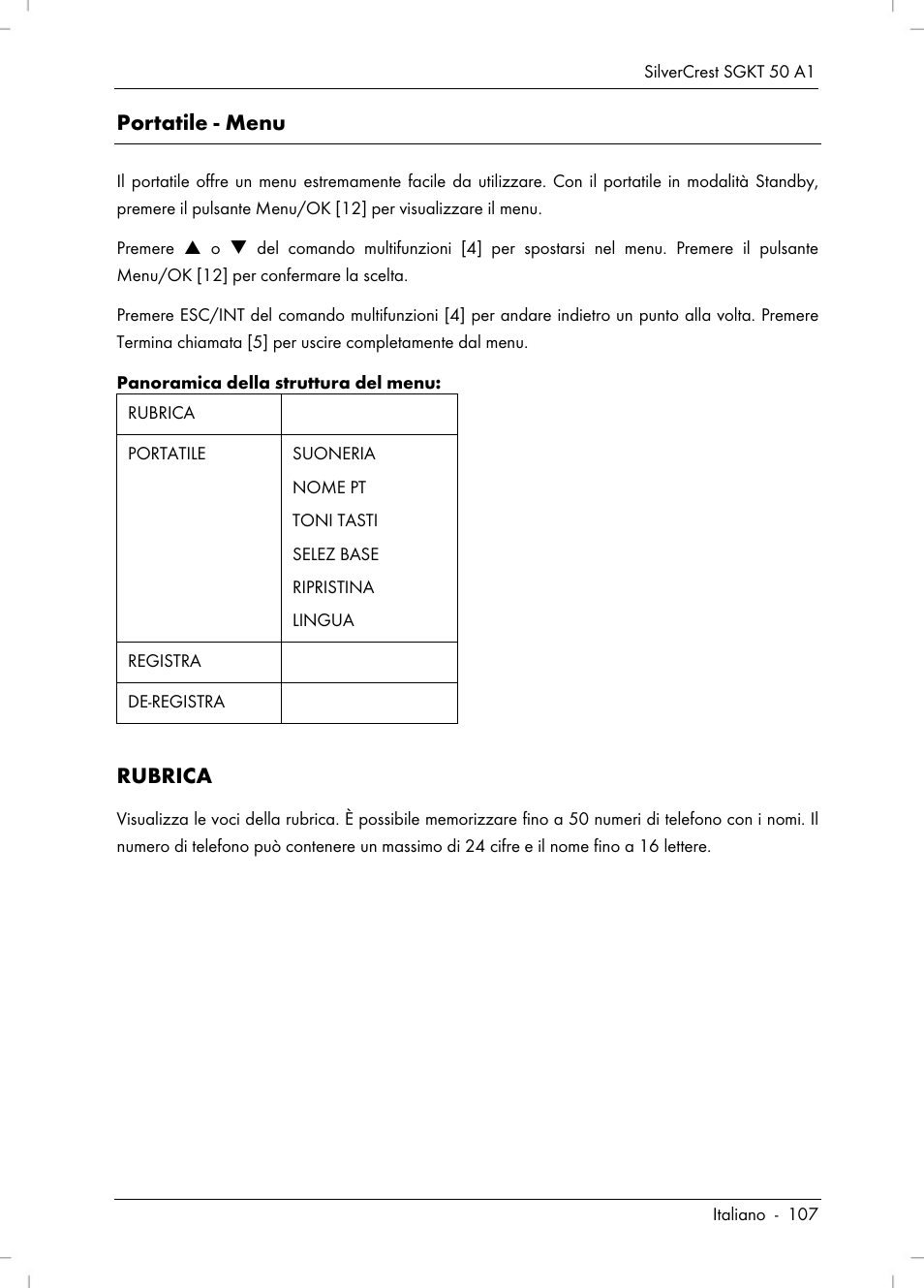 Portatile - menu, Rubrica | Silvercrest SGKT 50 A1 User Manual | Page 109 / 224