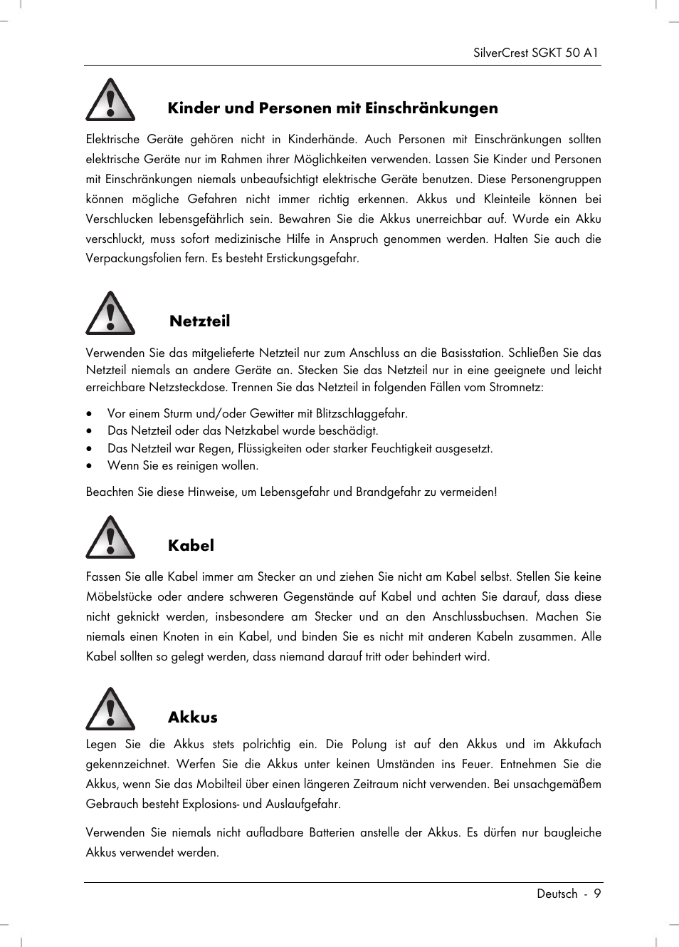 Kinder und personen mit einschränkungen, Netzteil, Kabel | Akkus | Silvercrest SGKT 50 A1 User Manual | Page 11 / 224