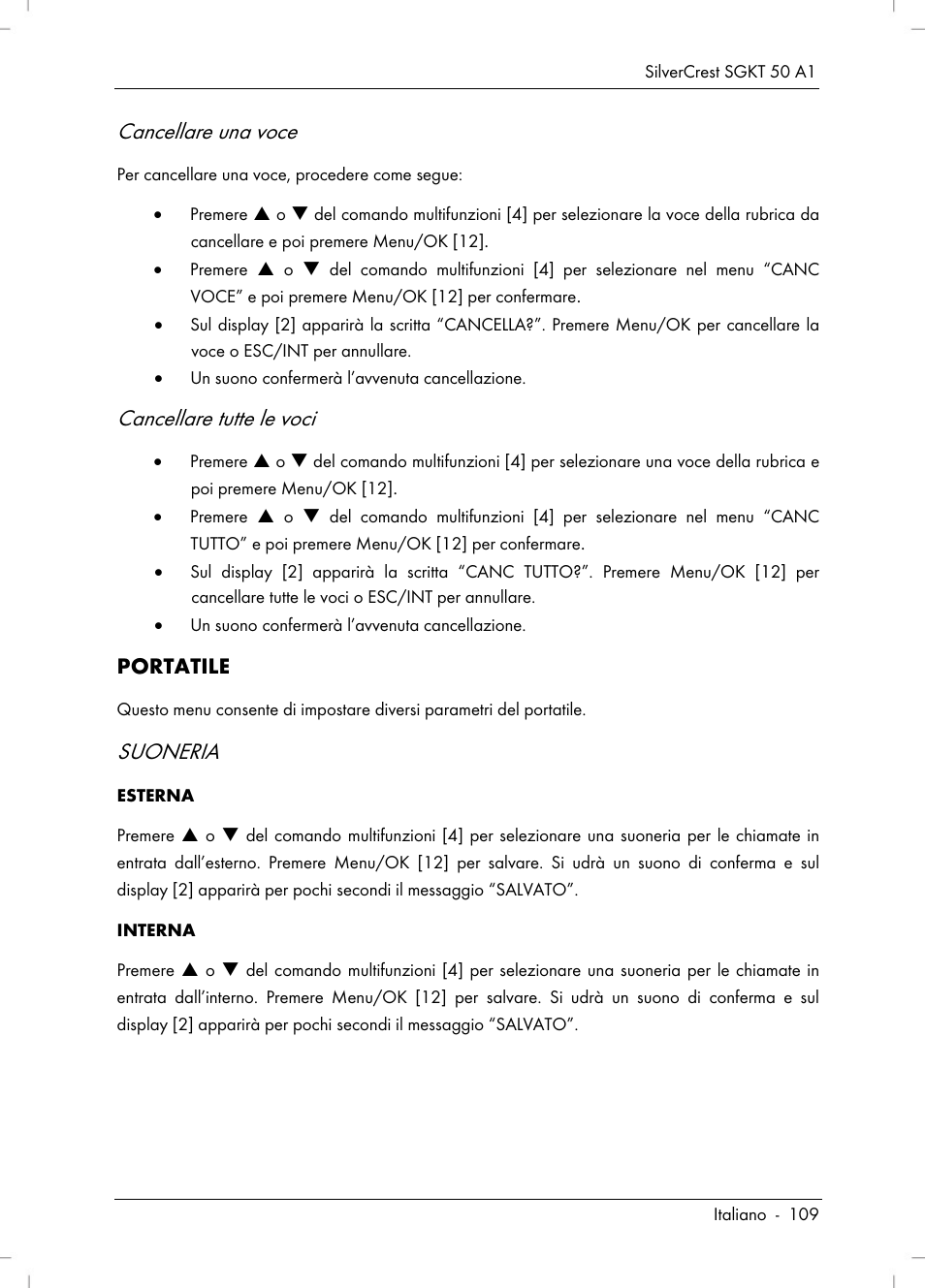 Cancellare una voce, Cancellare tutte le voci, Suoneria | Portatile | Silvercrest SGKT 50 A1 User Manual | Page 111 / 224