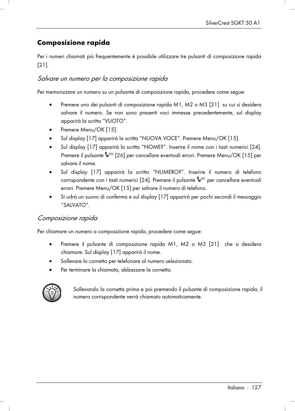 Salvare un numero per la composizione rapida, Composizione rapida | Silvercrest SGKT 50 A1 User Manual | Page 129 / 224