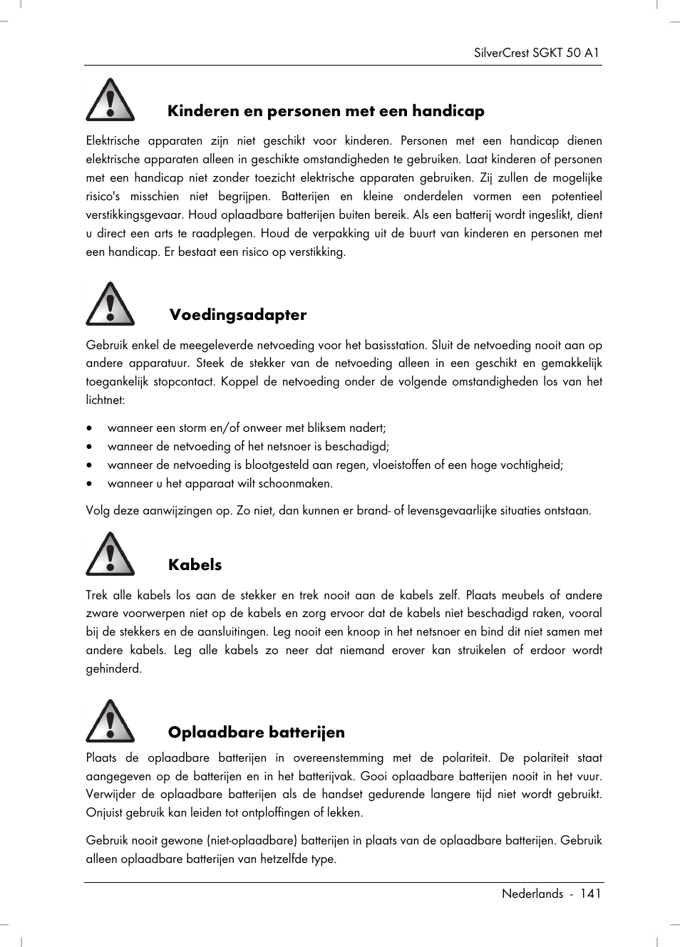 Kinderen en personen met een handicap, Voedingsadapter, Kabels | Oplaadbare batterijen | Silvercrest SGKT 50 A1 User Manual | Page 143 / 224