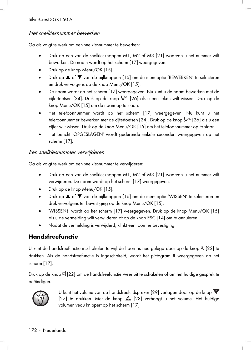 Het snelkiesnummer bewerken, Een snelkiesnummer verwijderen, Handsfreefunctie | Silvercrest SGKT 50 A1 User Manual | Page 174 / 224