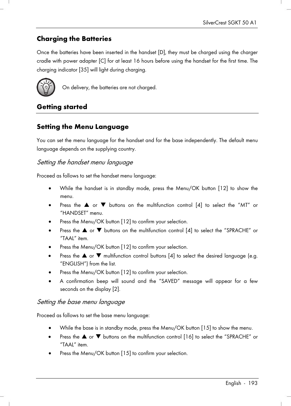 Setting the handset menu language, Setting the base menu language | Silvercrest SGKT 50 A1 User Manual | Page 195 / 224