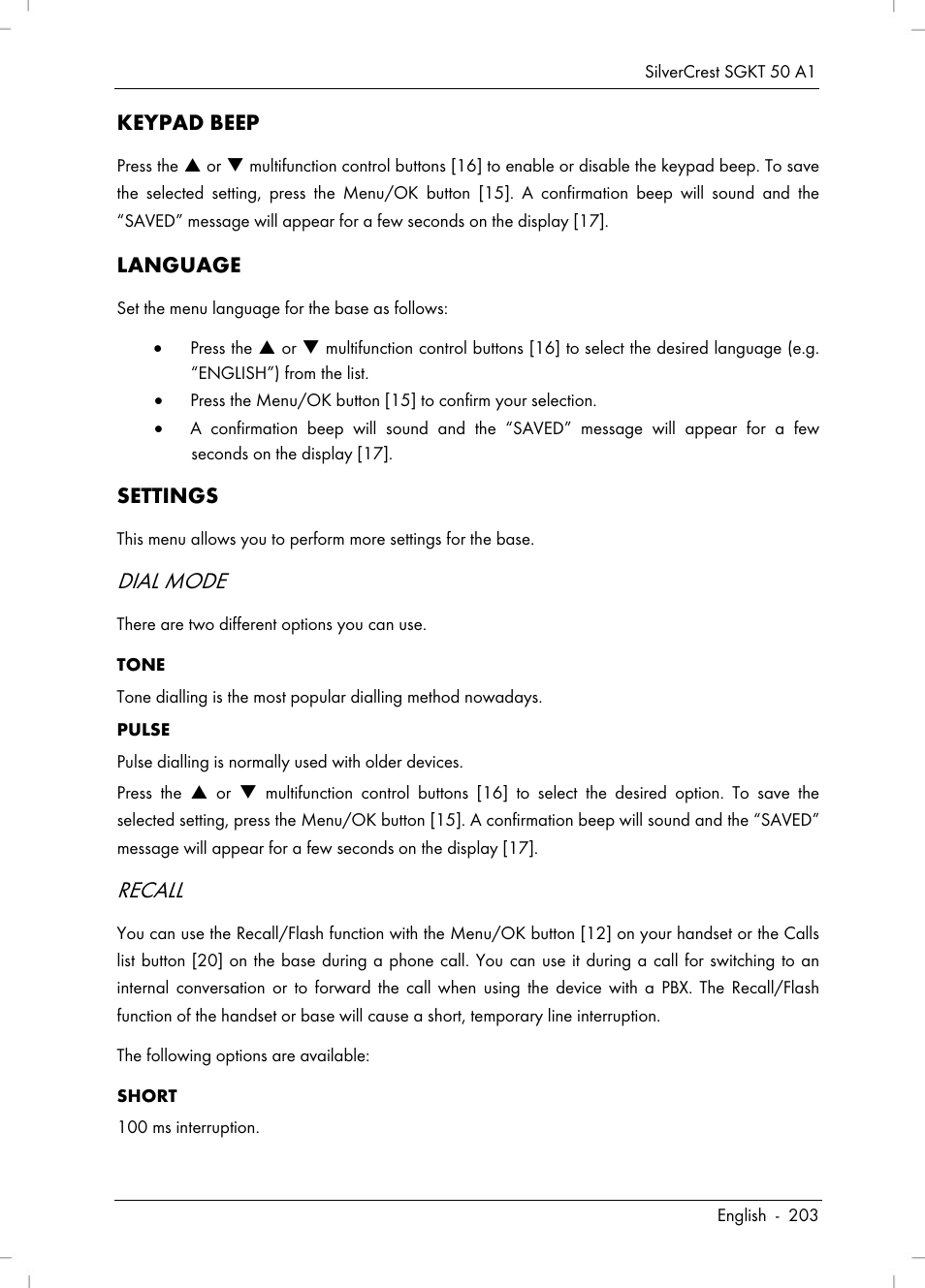 Dial mode, Recall | Silvercrest SGKT 50 A1 User Manual | Page 205 / 224