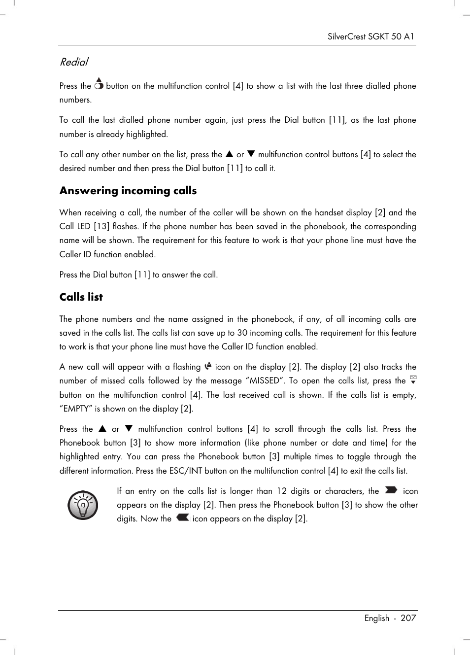 Redial, Answering incoming calls, Calls list | Silvercrest SGKT 50 A1 User Manual | Page 209 / 224