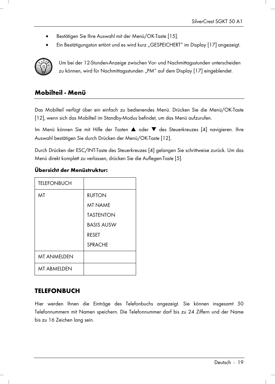 Mobilteil - menü, Telefonbuch | Silvercrest SGKT 50 A1 User Manual | Page 21 / 224
